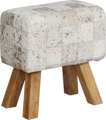 Produktbild von Marrakesch Vintage Sitzhocker aus Patchwork Kuhfell mit Holzbeinen 45cm groß | Industrial Turnbock Lederhocker Weiß als Schlafzimmer oder Flur Deko | Retro Polsterhocker Adeon als Sitzgelegenheit