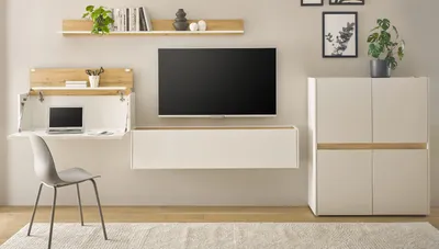 Produktbild von Wohnwand mit Sekretär Center in weiß und Wotan Eiche Wohnkombination  370 cm