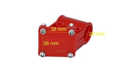 A red bicycle stem with dimensions indicated by yellow text.