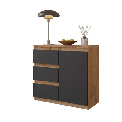 Produktbild von Kommode 80 cm Eiche Wotan / Anthrazit, 3 Schubladen, 1 Tür, 1 Einlegeboden, Wohnzimmer