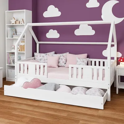 Produktbild von MEBLE WRÓBEL Hausbett 80x180 cm mit Schublade Rausfallschutz und Lattenrost - Einzelbett Jugendbett- Kinderbett aus Kiefer Massivholz Weiß - Kleinkindbett für Jungen & Mädchen - Standhöhe 20 cm