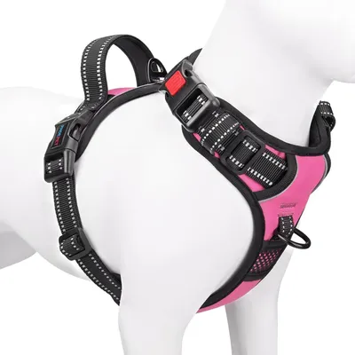 Productafbeelding van Hondentuig zonder trek, geschikt voor kleine honden, reflecterend, verstelbaar, met handgreep, 2 ringen, 3 gespen, roze