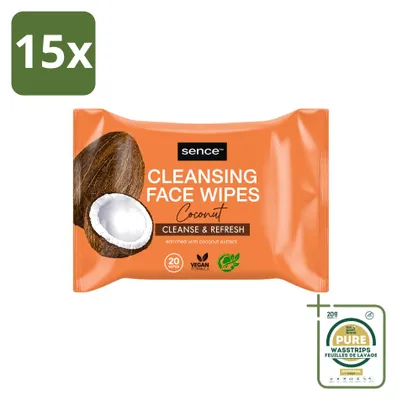 Imagen del producto de 15 paquetes de toallitas limpiadoras faciales de coco Sence - Hidratantes - 20 toallitas por paquete - Pack ahorro - 15 unidades