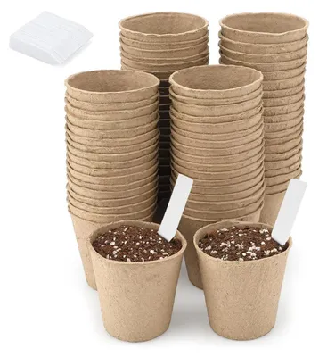 Image de Pots de culture biodégradables, 6 cm, lot de 100, avec supports pour plantes