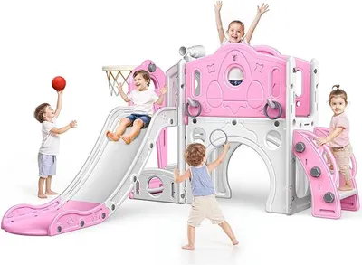 Imagen del producto de Tobogán para niños: tobogán grande para bebés con aro de baloncesto, juguete para niños pequeños de 1 a 3 años (rosa)
