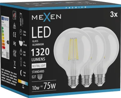 Obrázek produktu pro Mexen Vintis 3x LED filamentová žárovka E27, G95, 10W, Neutrální - 4000K, 1320 lm, čirá - L157-E27-1040-00x03