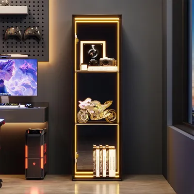 Produktbild von Vitrine mit Aluminiumrahmen und LED-Lichtleiste Highboard Wohnzimmerschrank Aufbewahrungsschrank 30 x 30 x 90 cm Schwarz