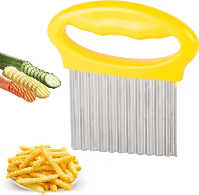 A crinkle cutter with a yellow handle, shown with examples of cut vegetables and a pile of french fries.