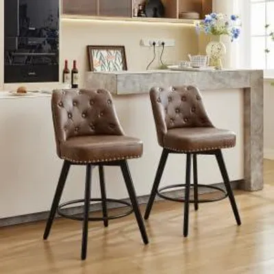 Imagen del producto de Juego de 2 taburetes de bar, sillas giratorias con respaldo y reposapiés, taburetes acolchados para cocina con tapizado de cuero sintético PU, altura del asiento de aproximadamente 66 cm, ideales para cocina, bar o comedor, color marrón