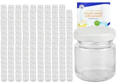 Produktbild von 200er Set Sturzglas 53 ml To 43 weißer Deckel Mini Einmachglas Portionsgläser incl. Rezeptheft