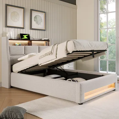 Immagine prodotto di Letto imbottito Sweiko 90x200cm con USB, letto singolo LED con rete metallica a doghe, struttura letto in materiale di lino letto per ragazzi