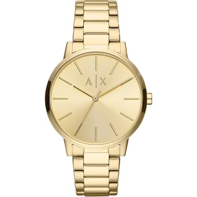 A close-up studio shot of a gold Armani Exchange watch.