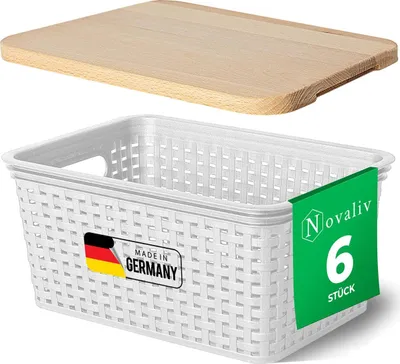 Produktbild von Novaliv 6er Set Aufbewahrungsboxen mit Holzdeckel Klein 5L Korb Weiß in Rattan Design Lebensmittelecht Aufbewahrungskorb Stapelboxen Nestbar Kunststoff BPA-frei Kiste Verstaubboxen mit Deckel