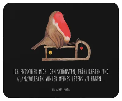 Produktbild von Mr. & Mrs. Panda Mauspad Rotkehlchen Schlitten - Schwarz - Geschenk, mousematte, Mousepad, Weihnachten, laptop, Mouse Pad, Vogel