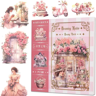 Image de Autocollants pour scrapbooking, 50 autocollants washi prédécoupés, motifs floraux, style rétro, couleur rose vintage, pour carnets Bullet