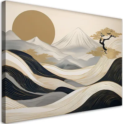 Produktbild von Leinwandbild Japanische Landschaft Boho 120x80 Feeby Beige bild für die wand bereit zum aufhängen