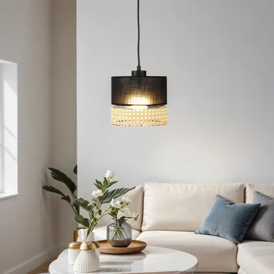 Immagine prodotto di Lampada a sospensione E27 Ø 20 cm nero marrone regolabile in tessuto rattan moderna lampada a sospensione soggiorno sala da pranzo
