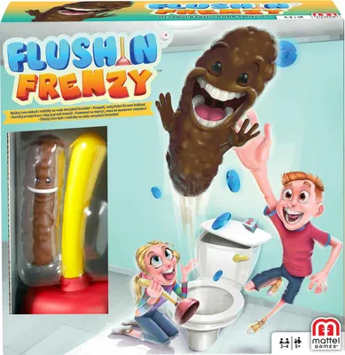 The image shows the packaging of a board game called "Flushin Frenzy". The packaging features cartoonish illustrations of children playing with a toilet and a character that resembles a piece of poop.