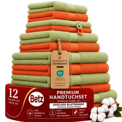 Produktbild von Betz 12-tlg. Handtuch-Set PREMIUM 2 Duschtücher 4 Handtücher 2 Gästetücher 2 Seiftücher 2 Waschhandschuhe  Farbe: blutorange/avocadogrün