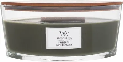 A large, oval-shaped candle in a clear glass jar with a wooden lid.