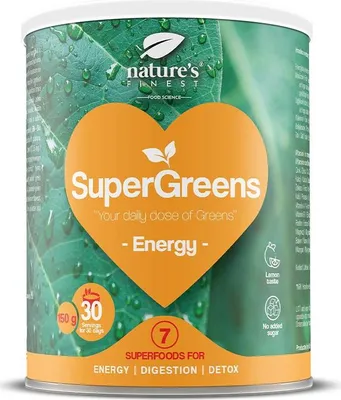 Produktbild von Nature’s Finest ENERGY Supergreens – Pflanzlicher Superfood Drink mit Guarana & Supergräsern – trägt zur Verringerung von Müdigkeit bei – 150 g