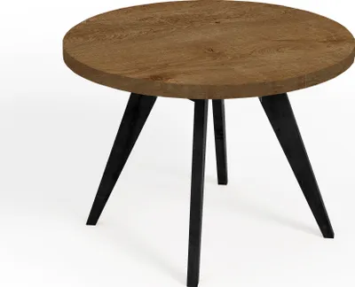 A round wooden table with black legs on a white background.