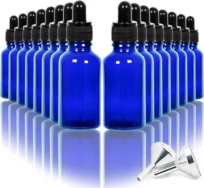 Image de 16 flacons de 30ML en verre - Bouteille de pharmacie pour huiles essentielles - Avec 2 mini-entonnoirs en acier inoxydable - Bleu