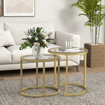 Produktbild von SUGIFT Couchtisch 2er-Set, Wohnzimmertisch stapelbar, Sofatisch rund & oval, Hartglas, Gold | Ø50 x 50,5 cm | Stahlrahmen | höhenverstellbare Füße