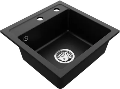 Produktbild von VBChome Granitspüle 44 x 44 cm Schwarz Einzelbecken Einbauspüle Gesprenkelt Pflegeleichtes Spülbecken mit Siphon Ideal für kleine Küchen
