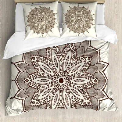 Zdjęcie produktu dla ABAKUHAUS Brązowy zestaw pościeli Mandala, antyczny, szczegółowy wzór mandali, plemienny wzór moiré, 200 x 200 cm + 80 x 80 cm, kolor skorupki jajka, brązowy