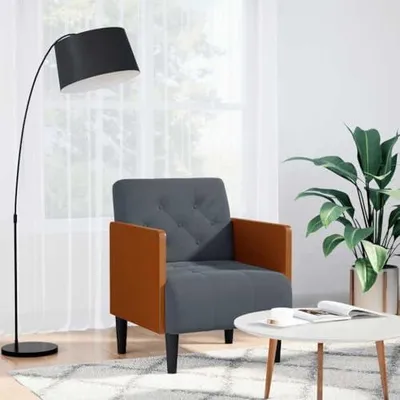 Zdjęcie produktu dla Ciemnoszary fotel z podłokietnikami, o wysokości 55 cm, wykonany z aksamitu