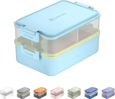 Zdjęcie produktu dla Plastikowe pudełko bento z 3 przegrodami, jasnoniebieskie, bez BPA, nadaje się do mikrofalówki