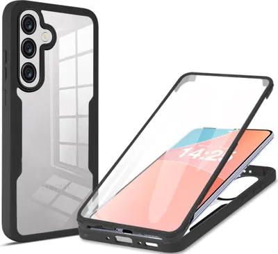 A clear phone case is shown in two parts, with a phone screen visible inside one part.
