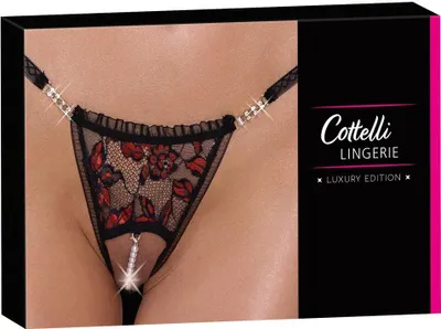 Zdjęcie produktu dla Cottelli LINGERIE - Stringi Z Delikatnej Kwiatowej Koronki Z Perełkami W Kroczu M/L