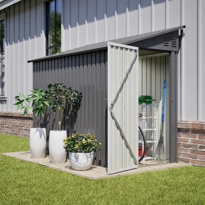 Image de 4'x8' Metall-Gartenschuppen, Anbau-Schuppen mit abschließbarer Tür und 2 Lüftungsöffnungen, Werkzeugaufbewahrung für Hinterhof & Terrasse, Grau