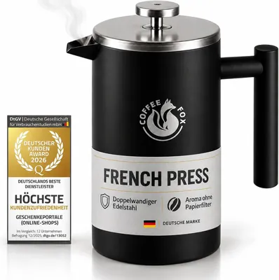 Productafbeelding van Coffee Fox Luxe French Press, 350 ml, zwart. Dubbelwandige roestvrijstalen koffiekan, isolerende kan voor langdurig warme koffie