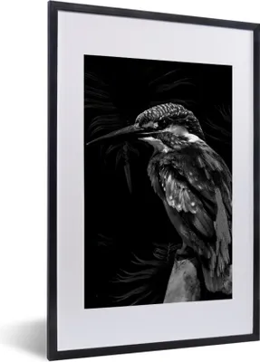 Produktbild von MuchoWow® Gerahmtes Poster Vogel vor schwarzem Hintergrund - schwarz und weiß 40x60 cm - Poster mit Schwarzem Bilderrahmen Wandposter Rahmen Foto Bilder - Poster in Rahmen