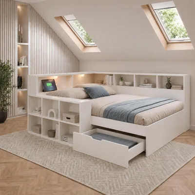 Produktbild von Flieks Jugendbett 90x200cm mit Regal und Staufächern, Schlafsofa Holzbett mit USB & Typ-C, Kinderbett Tagesbett mit Leselicht, Daybed Einzelbett Weiß