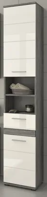 Produktbild von Badezimmer Hochschrank "Bailey" weiß Hochglanz und Rauchsilber grau Badschrank