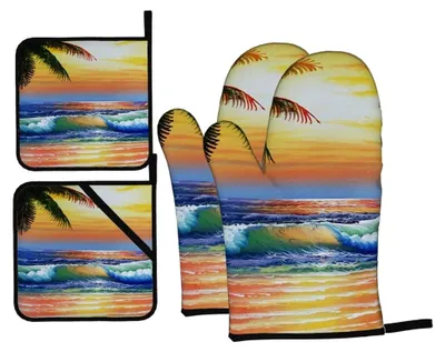 Produktbild von Ofenhandschuhe und Topflappen mit Palmenmotiv, 4 Stück, rutschfeste Grillhandschuhe, Küchenhandschuhe, hitzebeständig für Küche, Kochen, Backen, Grillen