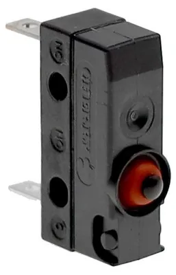 A close-up, isolated shot of a black microswitch with a red button and silver metal terminals.