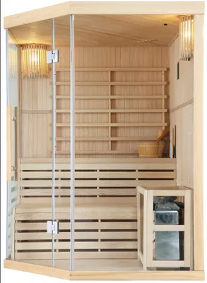 An interior view of a wooden sauna with glass doors.