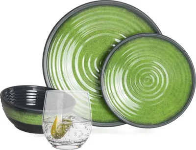 Produktbild von Melamin Camping Geschirr Set 4 Personen Stone Green + 4 Tiamo Gläser Wassergläser Tafelgeschirr Picknick BBQ Kochgeschirr