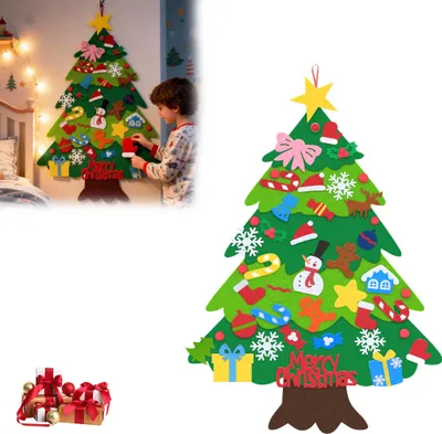 Produktbild von UISEBRT Filz Weihnachtsbaum Kinder DIY Set B, 36 Teile, 100 cm, Basteln & Dekorieren für Wand & Tür, Hängend, Weihnachtsdeko, Pompon Typ, Geschenkideen