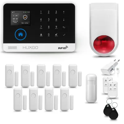Produktbild von HUXGO HXA003 Alarmanlage Haus WiFi + GSM 4G mit Funk Sirene, Alarm System mit 1x Bewegungssensor und 9x Tür- Fenstersensor für Wohnung, Haus, Büro