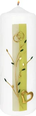 Produktbild von Hochzeitskerze "Goldherz, Ringe, Blätterzweig" 220 x Ø 70 mm mit Namensverzierung