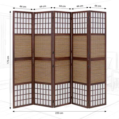 Produktbild von Homestyle4u Paravent Raumteiler 5 teilig Faltbar Blickdicht Holz Bambus Reispapier Braun Indoor