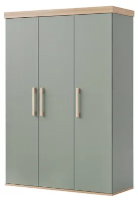 Produktbild von roba Kinderkleiderschrank „Jimmy“ - 3-türiger Kleiderschrank für Baby- & Kinderzimmer - Mit Soft-Close Funktion, Kleiderstange & 6 Einlegeböden - Massivholzgriffe - Salbei / Eiche