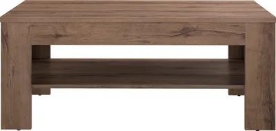 A front view of a wooden coffee table with a shelf.
