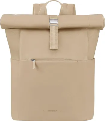A studio shot of a sand-colored rolltop backpack.